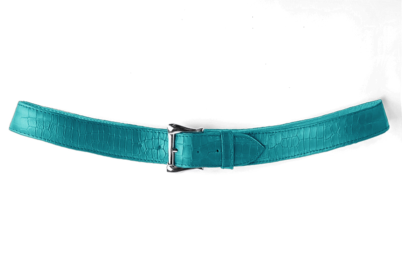 Turquoise blue women's dress belt, matching pumps and bags. Made to measure. Profile view - Florence KOOIJMAN